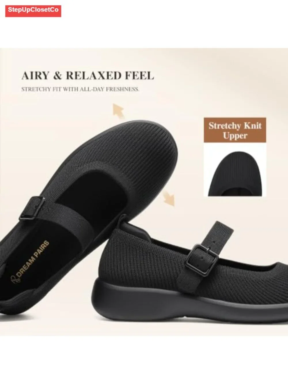 Mary Jane Ballet Flats, Breathable Knit, Arch Support, Machine Washable